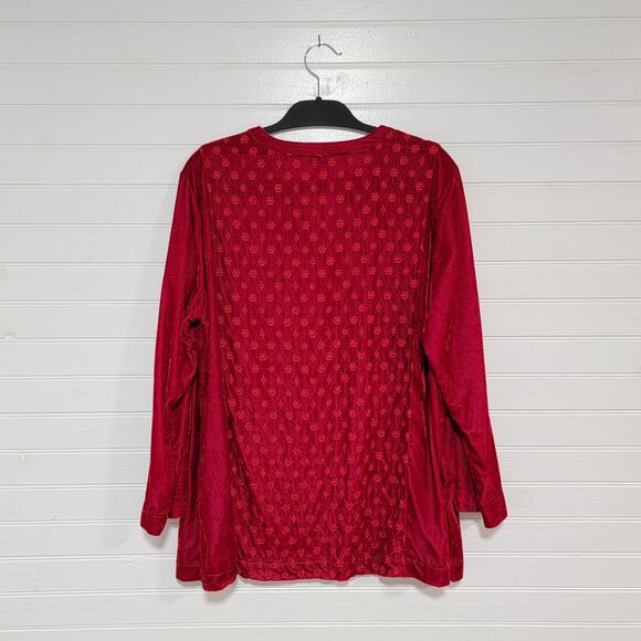 John Mark Velvet Embroidered Henley Top Size XL Boho Long Roll Tab Sleeves - Picture 2 of 7